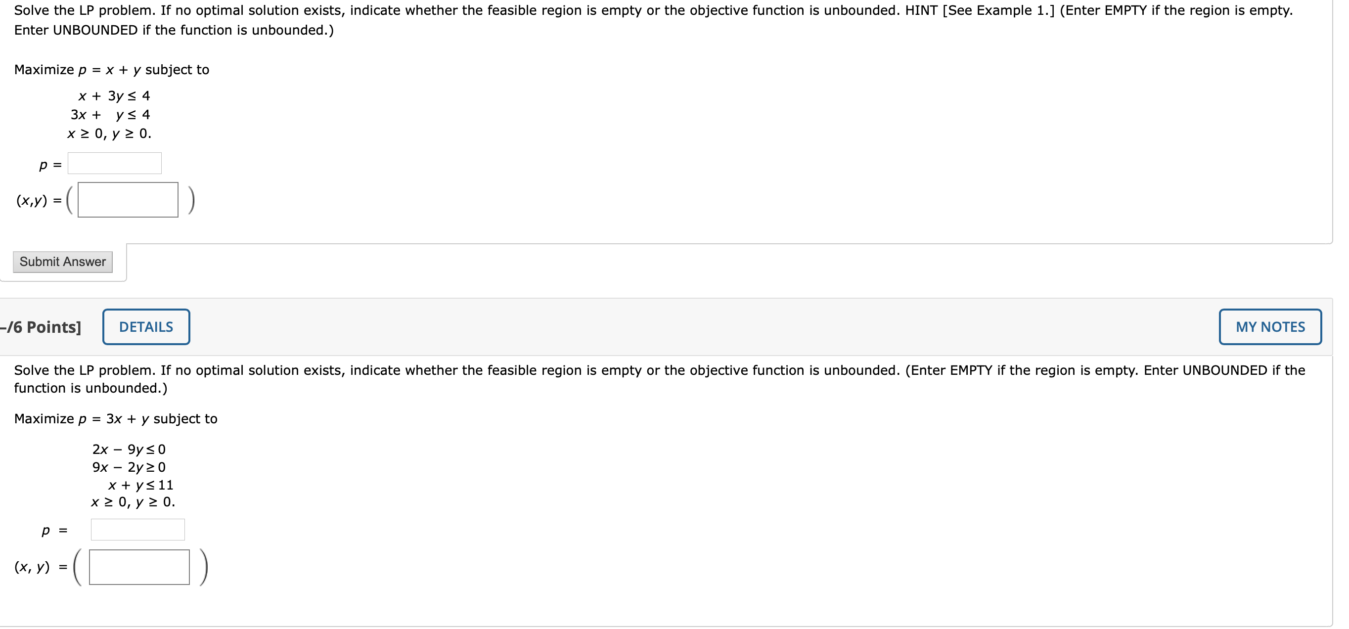 Please help with these four Webassign problems, thank you! Solve the LP