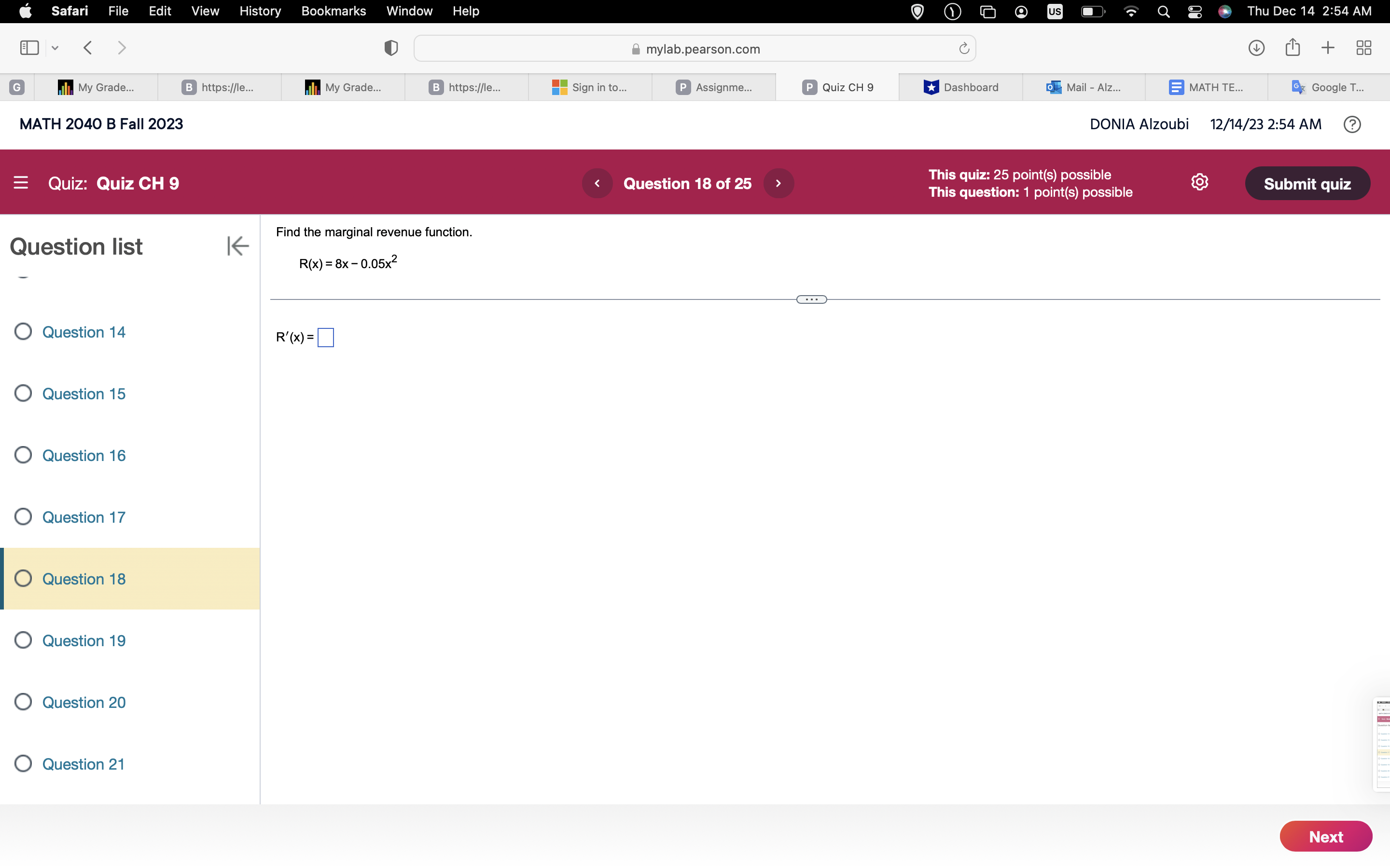 Quiz CH 9 Dashboard Mail - Alz... MATH TE... Google T... MATH