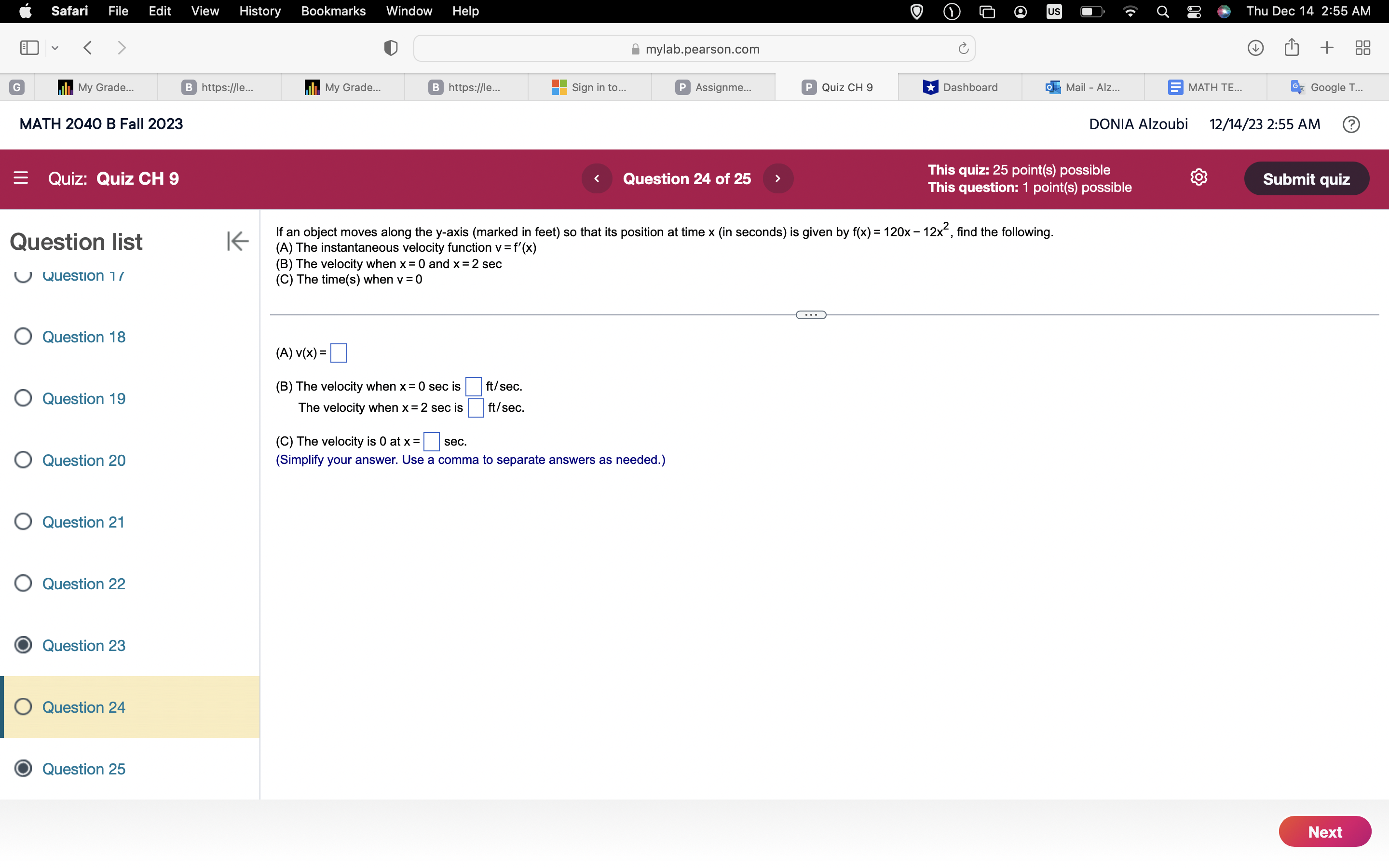 2040 B Fall 2023 DONIA Alzoubi 12/14/23 2:54 AM ? E Quiz: