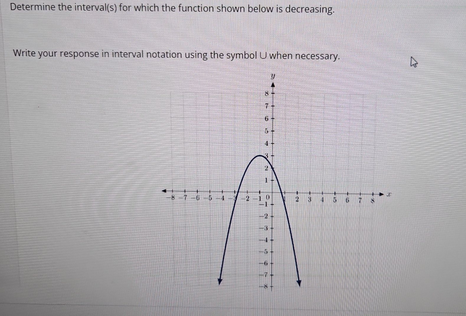  Determine the interval(s) for which the function shown below is decreasing.