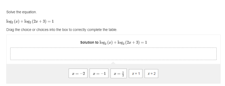  Solve the equation. 109(2) +lug2 [2: + 3] = 1 Drag