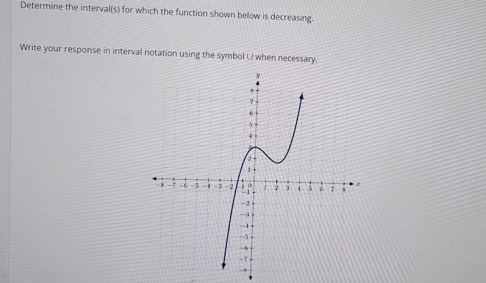  Determine the interval(s) for which the function shown below is decreasing.