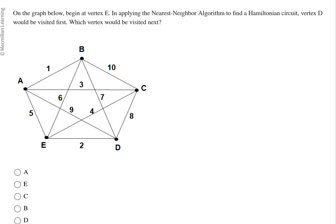  llan Learning On the graph below, begin at vertex E. In