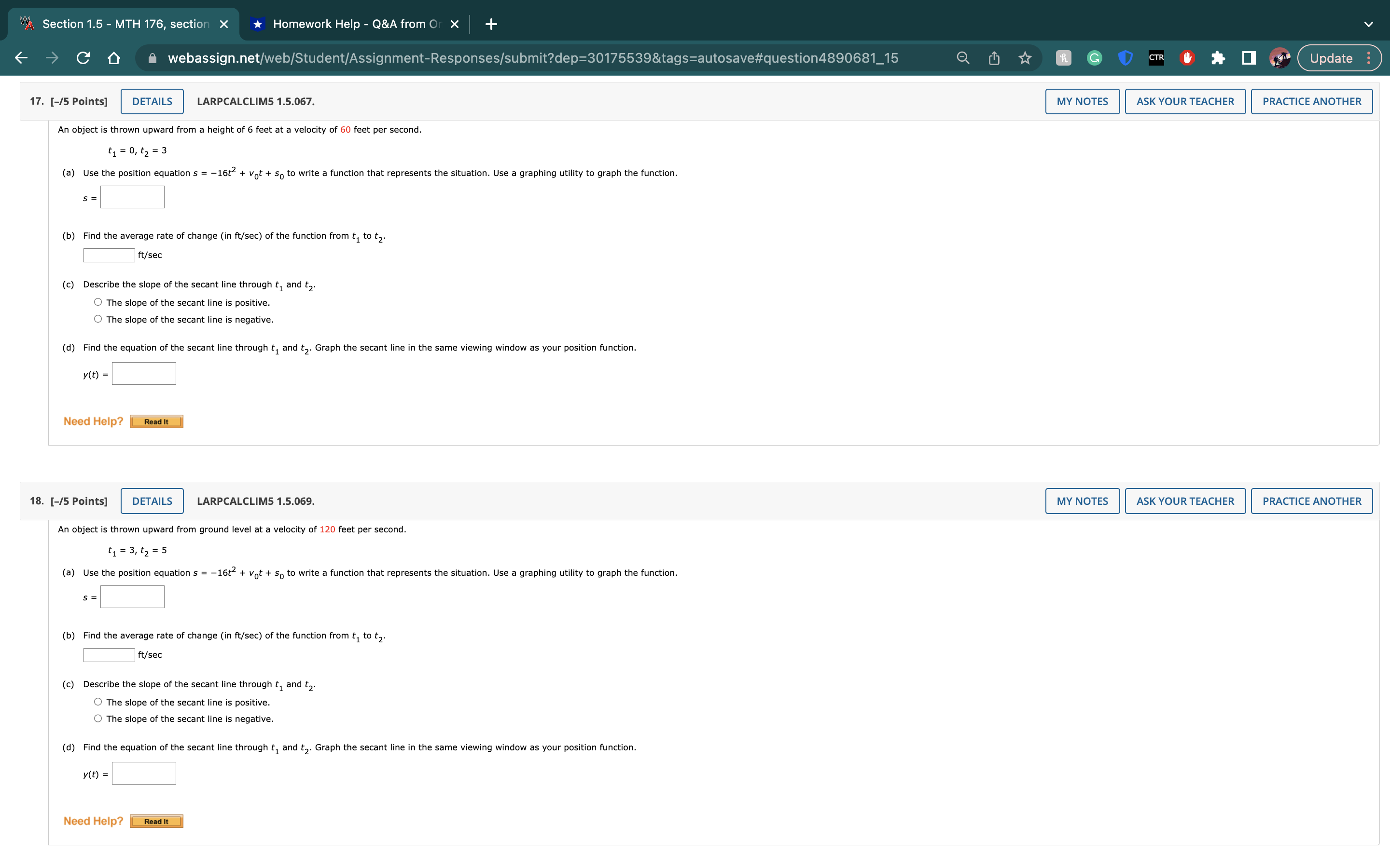  "* Section 1.5 - MTH 176, section X *Homework Help -