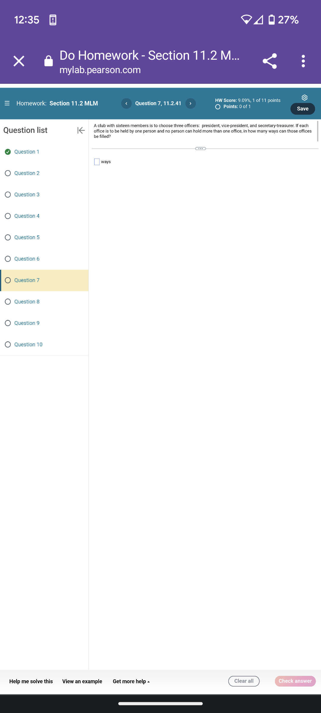  12:35 4 0 27% X Do Homework - Section 11.2 M...