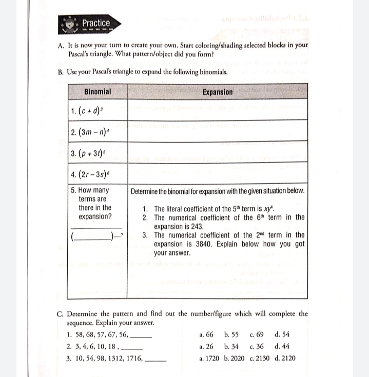 COMPLETE answer and SOLUTIONS PLEASE Practice A. It is now your turn