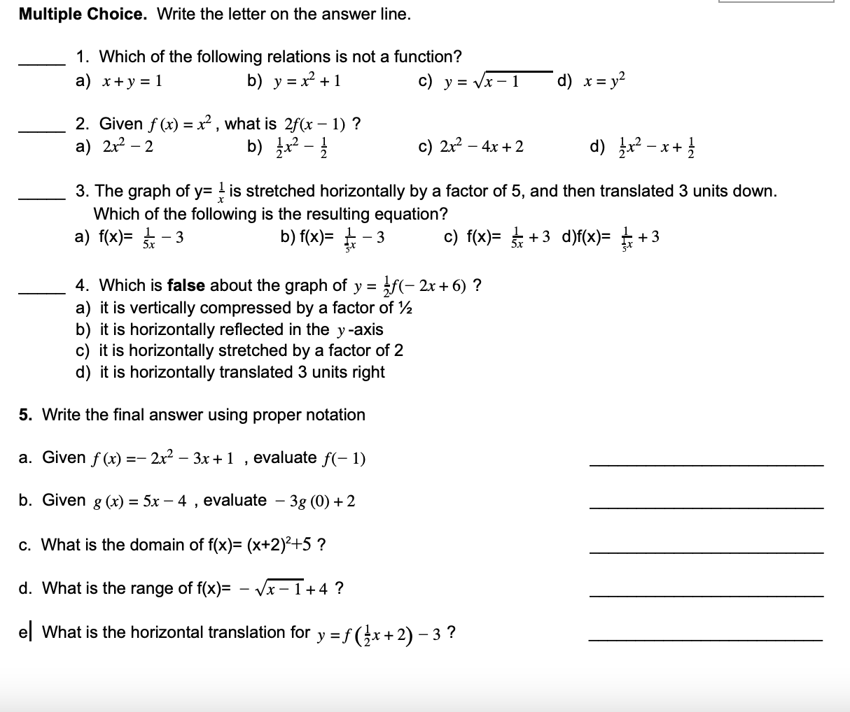 Multiple Choice. Write the letter on the answer line. 1. Which