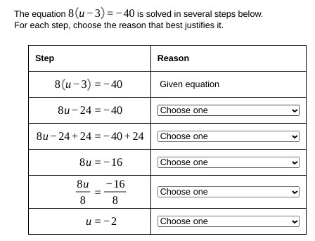 Reason 7(y+6) = 28 Given equation 7y + 42 = 28 Choose