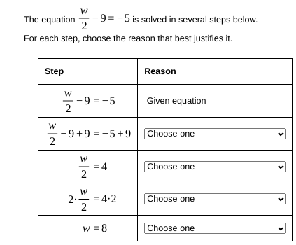 For each step, choose the reason that best justifies it. Step Reason