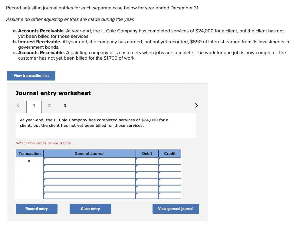  Record adjusting journal entries for each separate case below for year