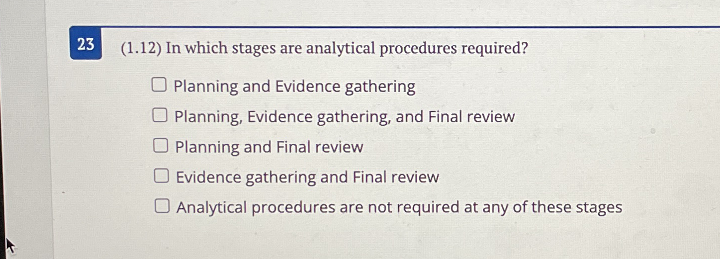  23(1.12) In which stages are analytical procedures required? Planning and Evidence