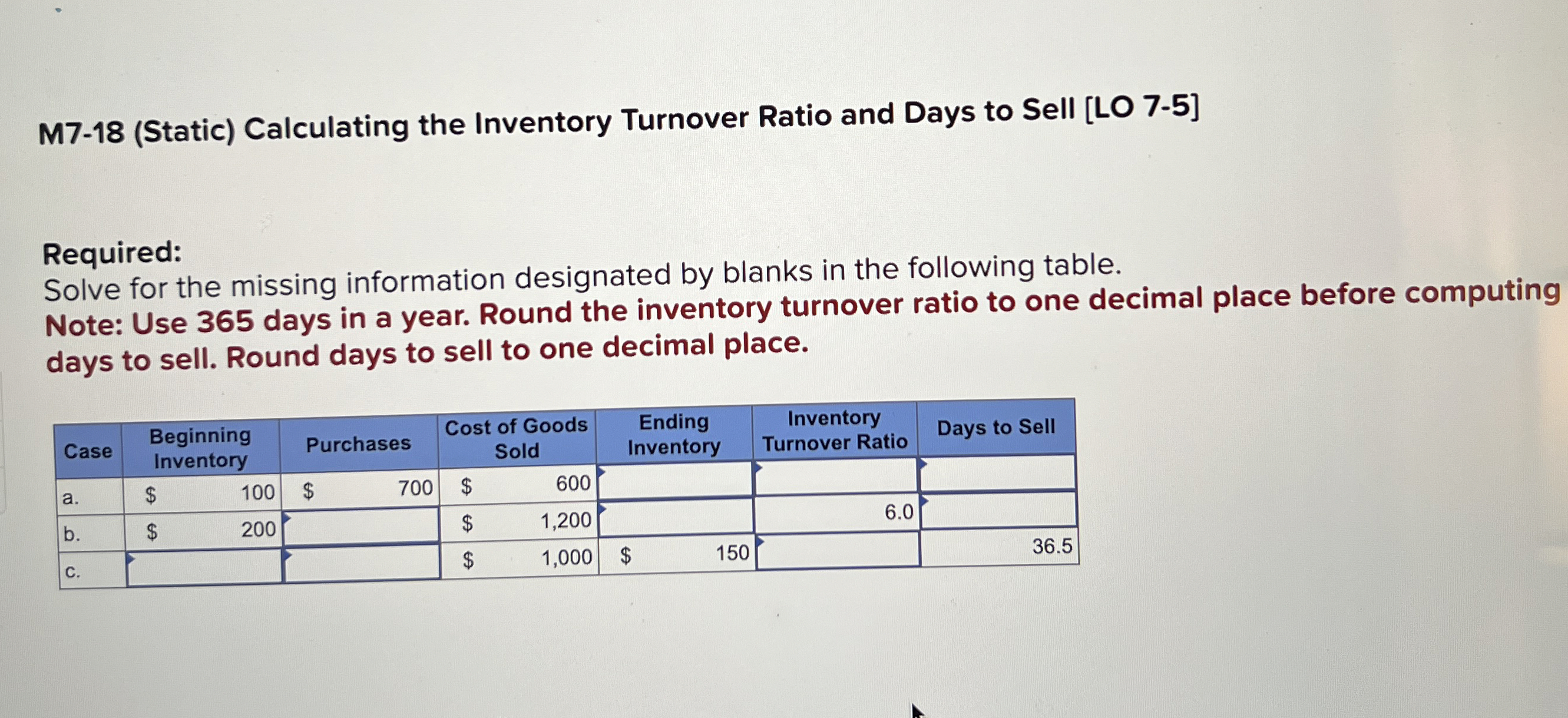  M7-18(Static) Calculating the Inventory Turnover Ratio and Days to Sell [LO