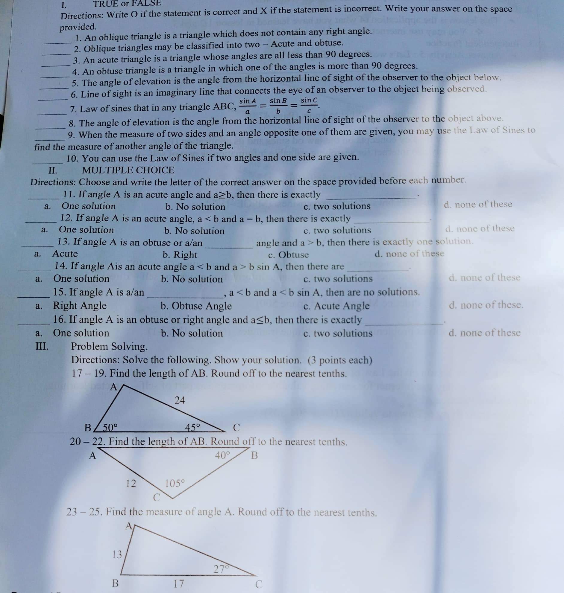  I. TRUE or FALSE Directions: Write O if the statement is