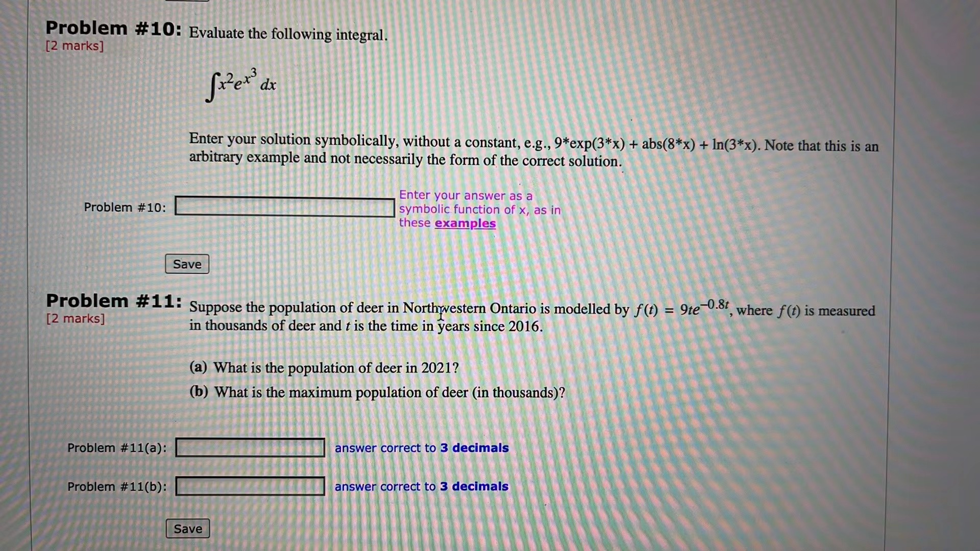  Problem #10: Evaluate the following integral. [2 marks] fxex dx Enter