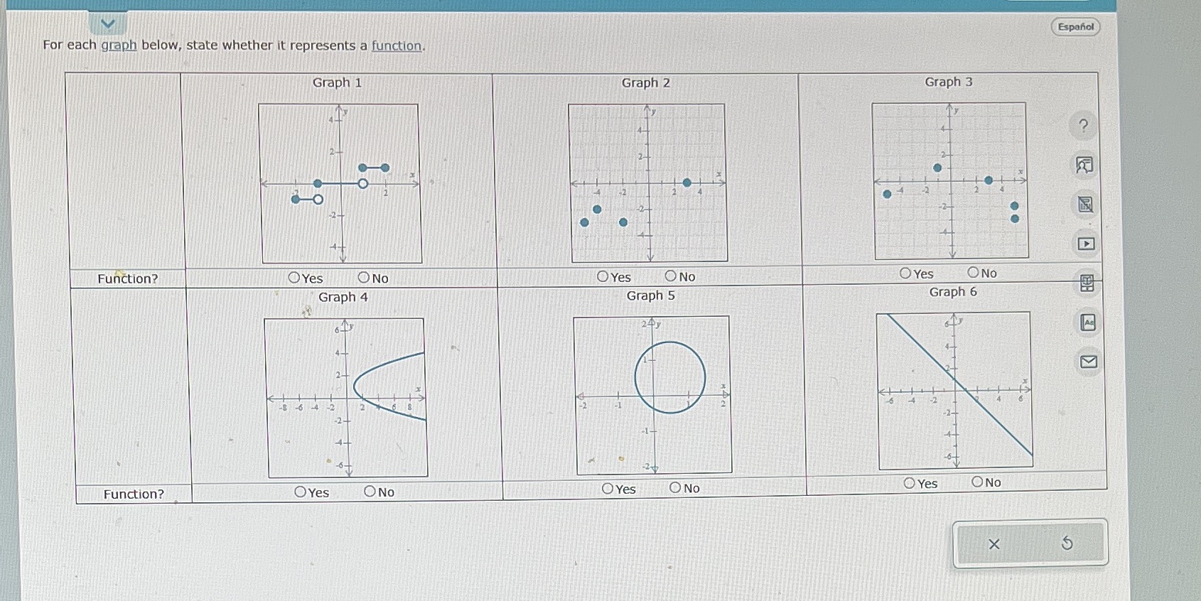  Espanol For each graph below, state whether it represents a function.