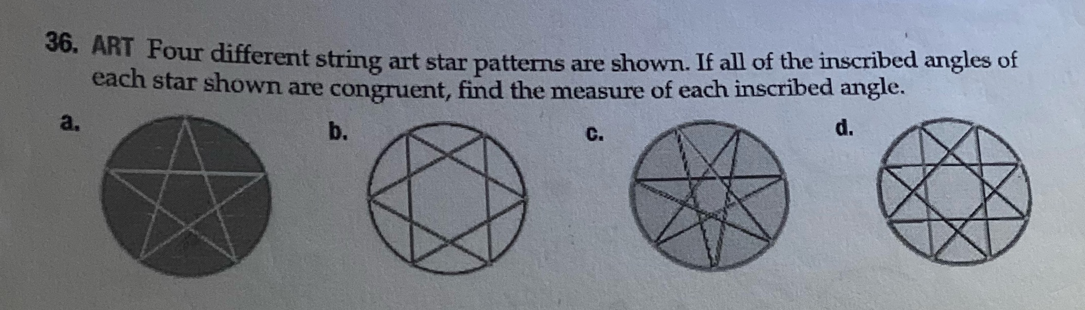  36. ART Four different string art star patterns are shown. If
