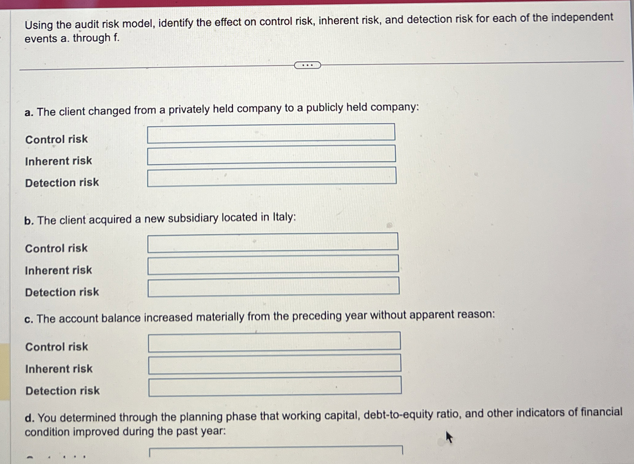  Using the audit risk model, identify the effect on control risk,