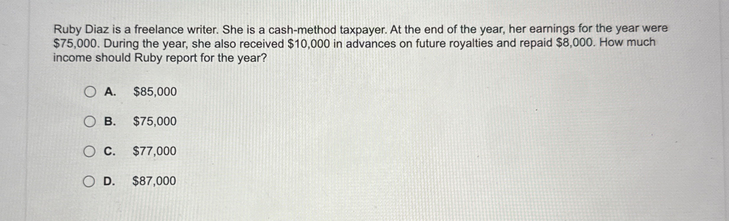  Ruby Diaz is a freelance writer. She is a cash-method taxpayer.