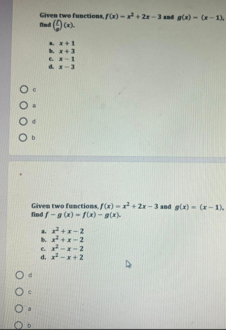 g(x). 1. r+x- +x- b. x 12 ex-x-2 d. x- x+2 Od