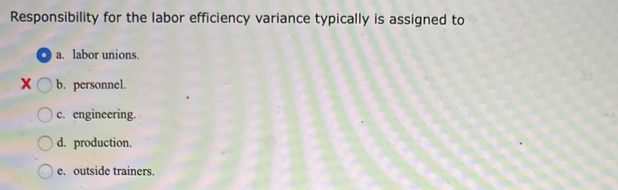  Responsibility for the labor efficiency variance typically is assigned to a.