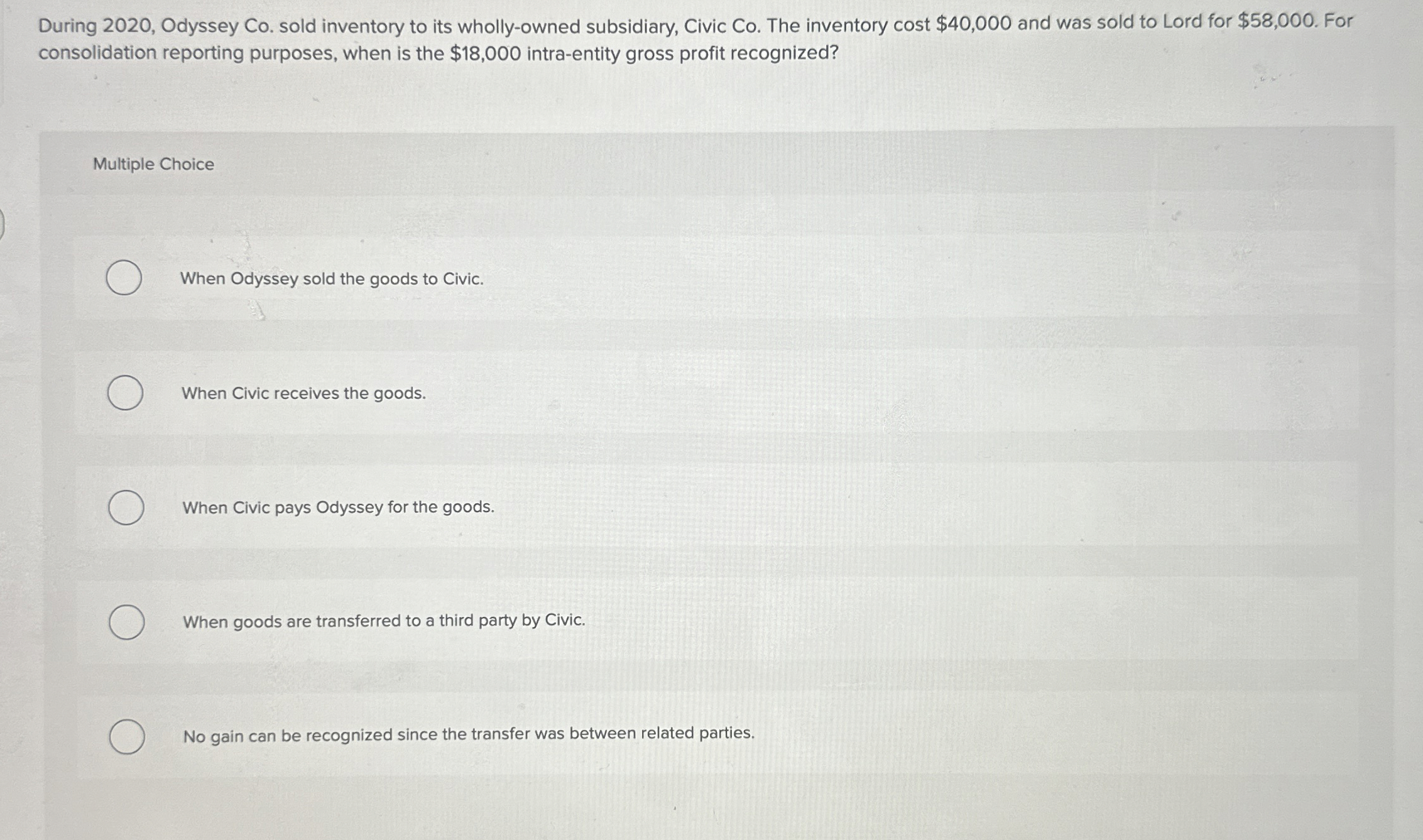  During 2020, Odyssey Co. sold inventory to its wholly-owned subsidiary, Civic