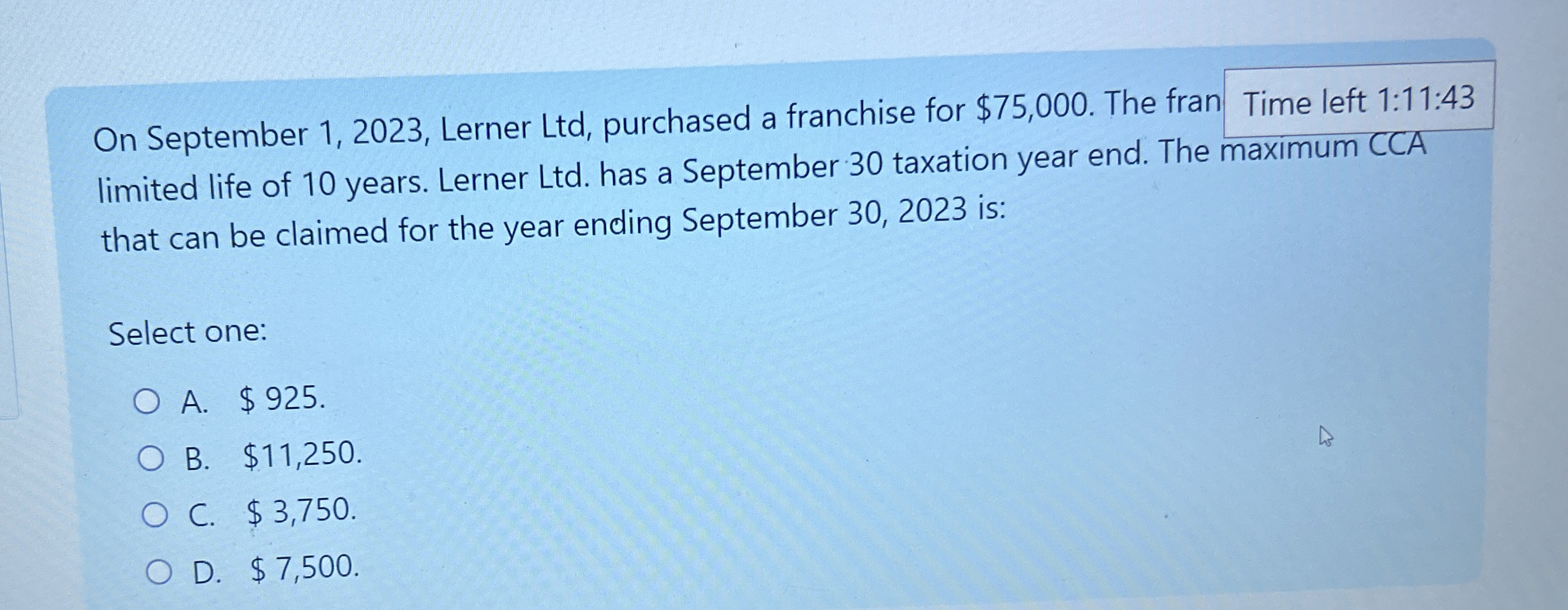  On September 1,2023, Lerner Ltd, purchased a franchise for $75,000. The
