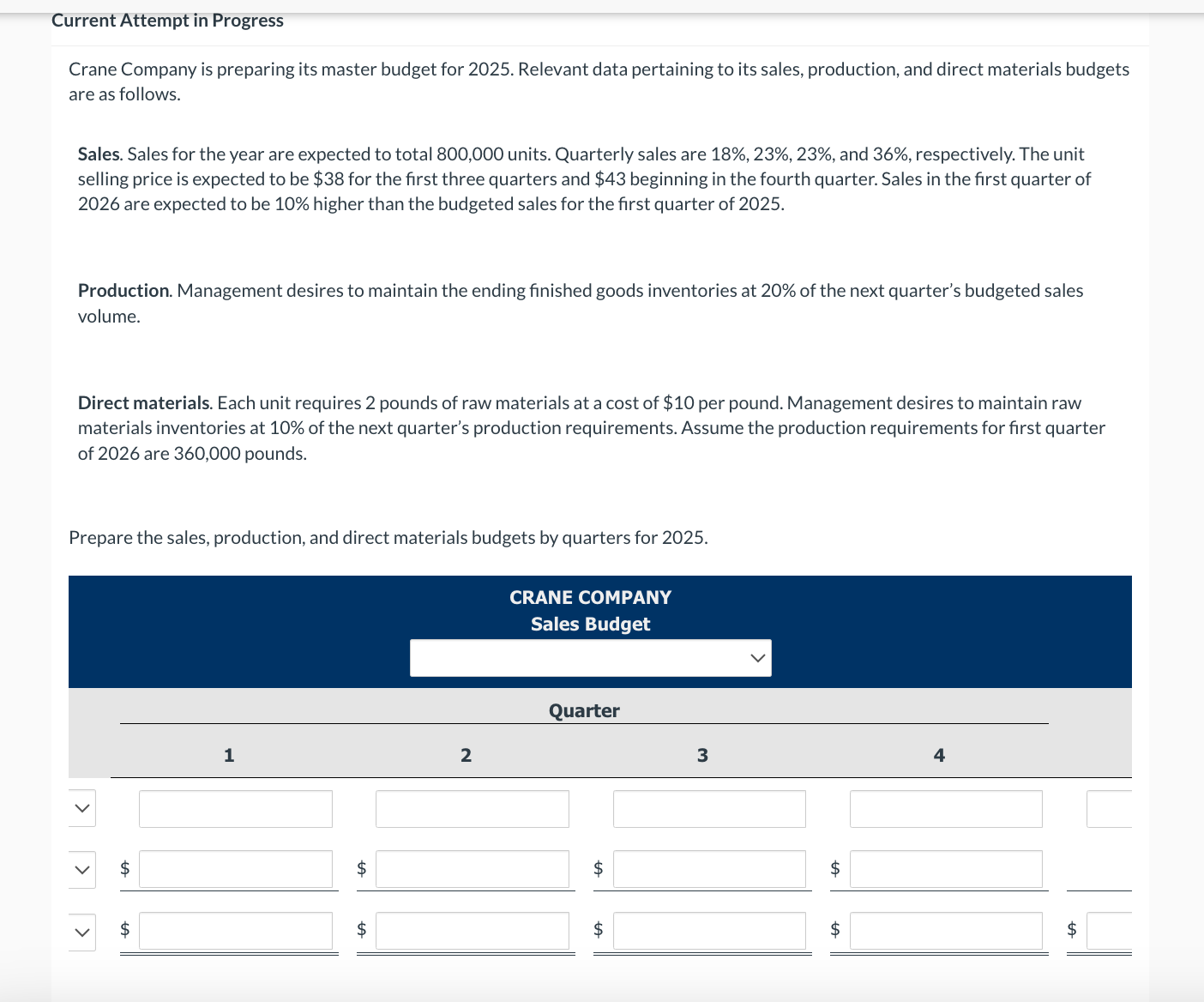  Current Attempt in Progress Crane Company is preparing its master budget