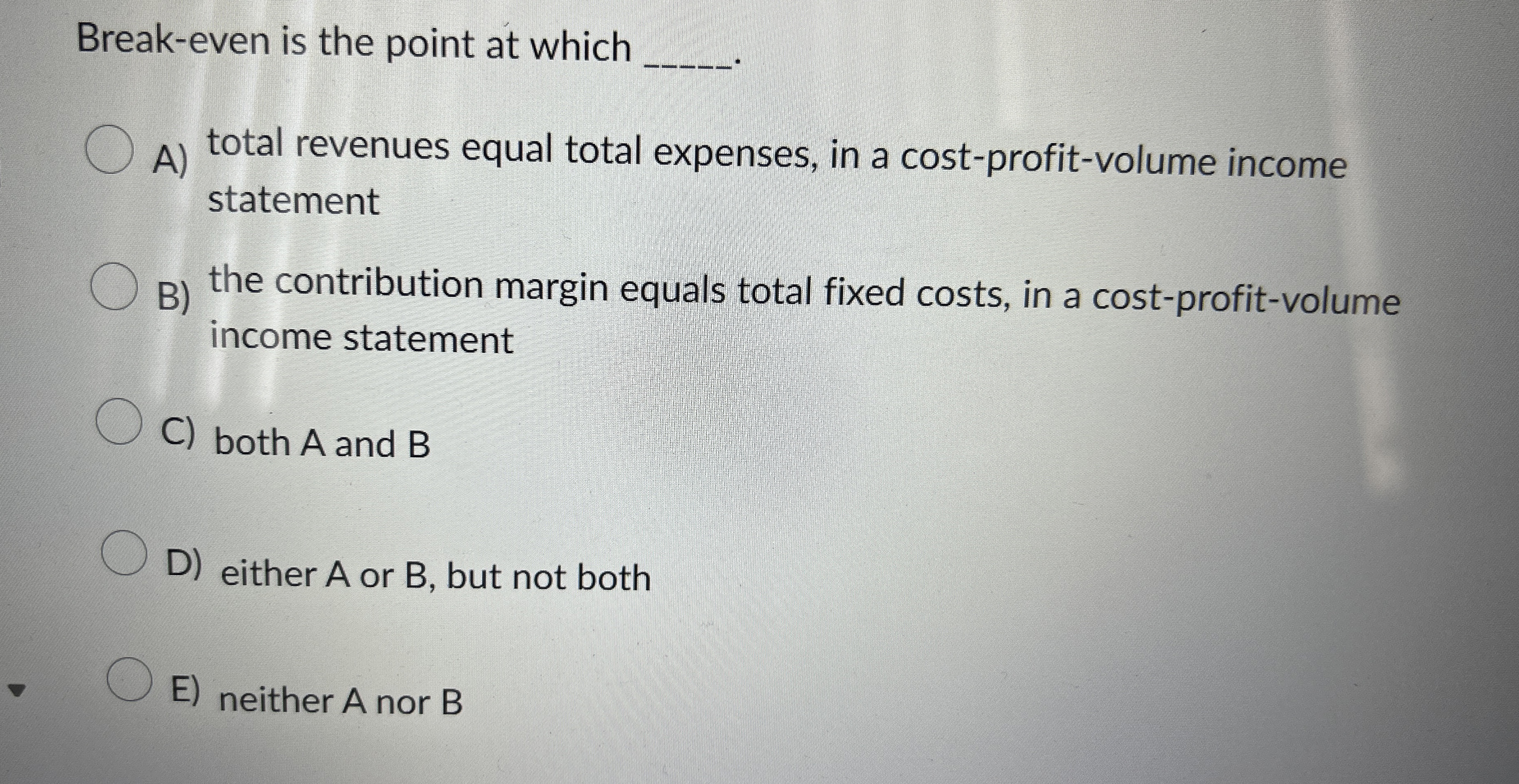  Break-even is the point at which . A) total revenues equal