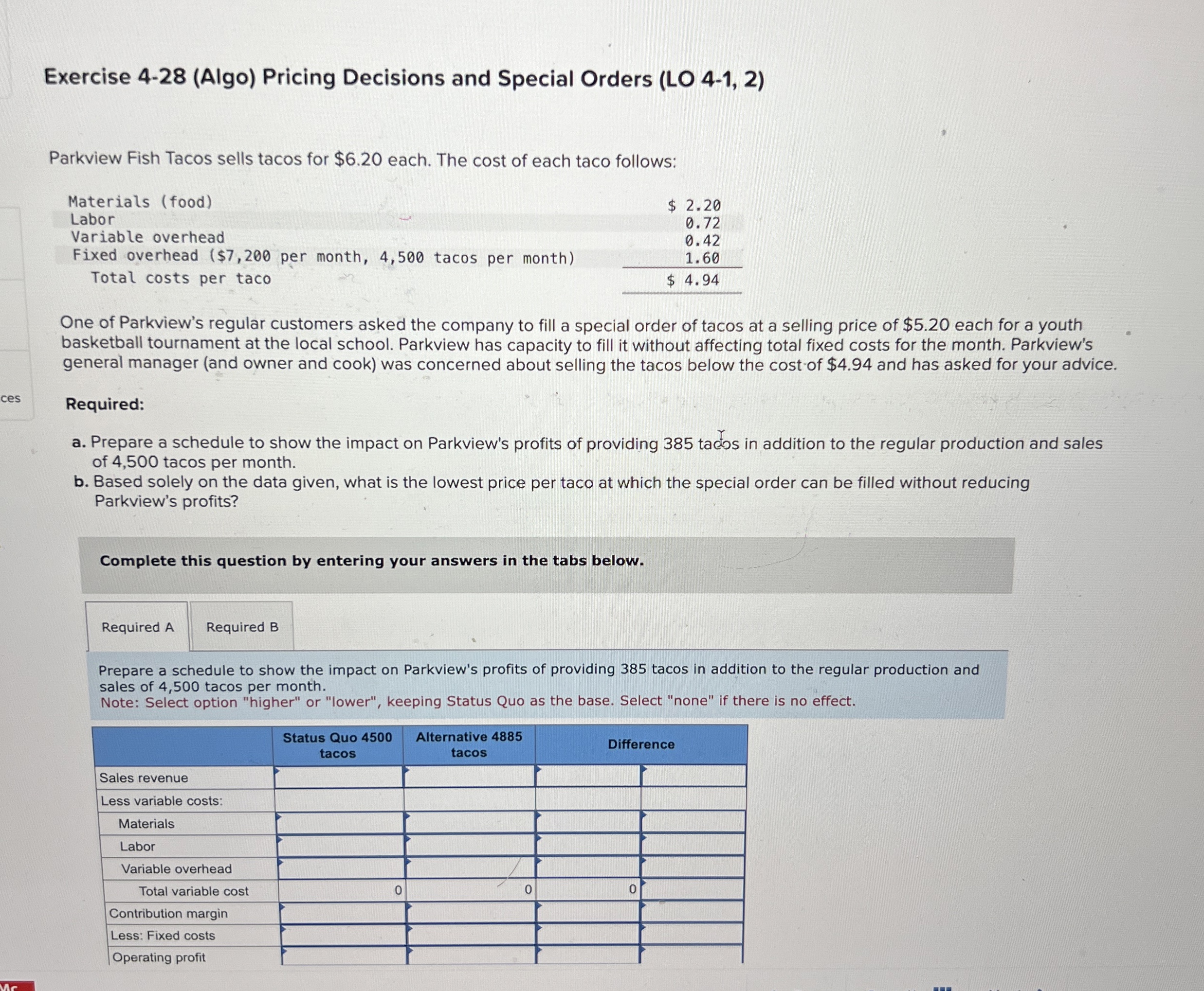  Exercise 4-28(Algo) Pricing Decisions and Special Orders (LO 4-1,2) Parkview Fish