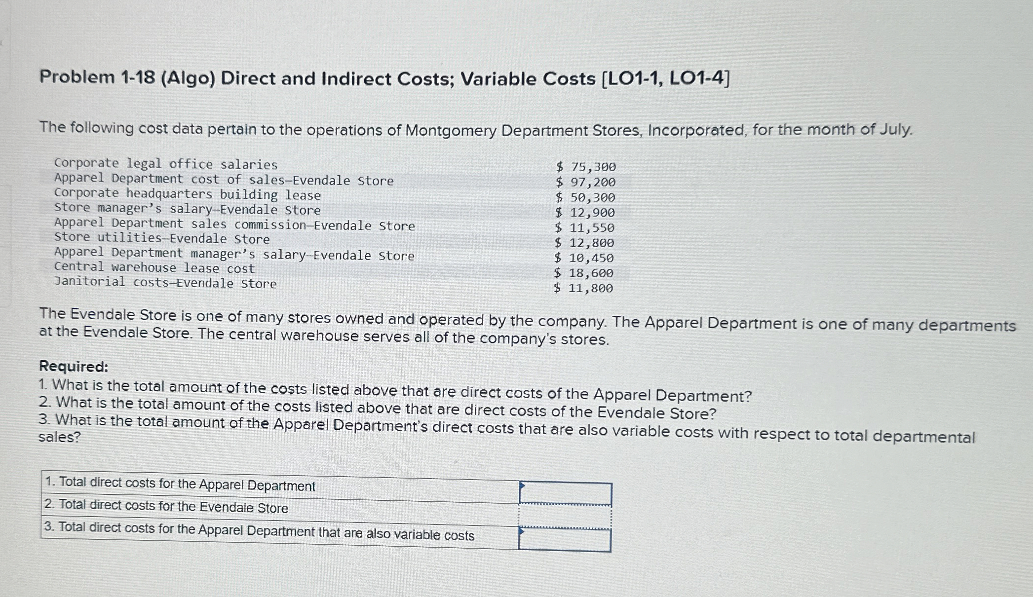  Problem 1-18(Algo) Direct and Indirect Costs; Variable Costs [LO1-1, LO1-4] The