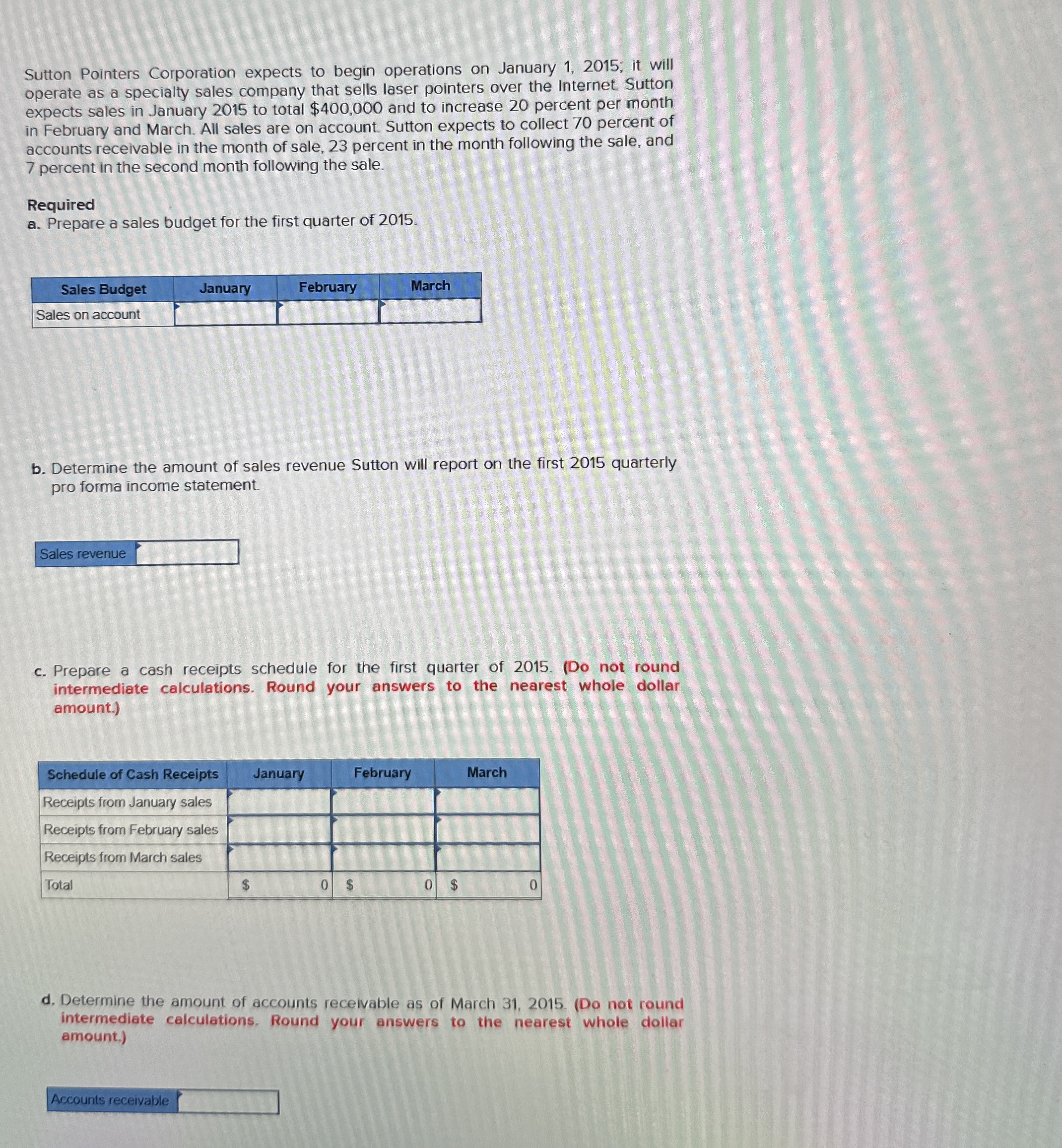  Sutton Pointers Corporation expects to begin operations on January 1,2015; it