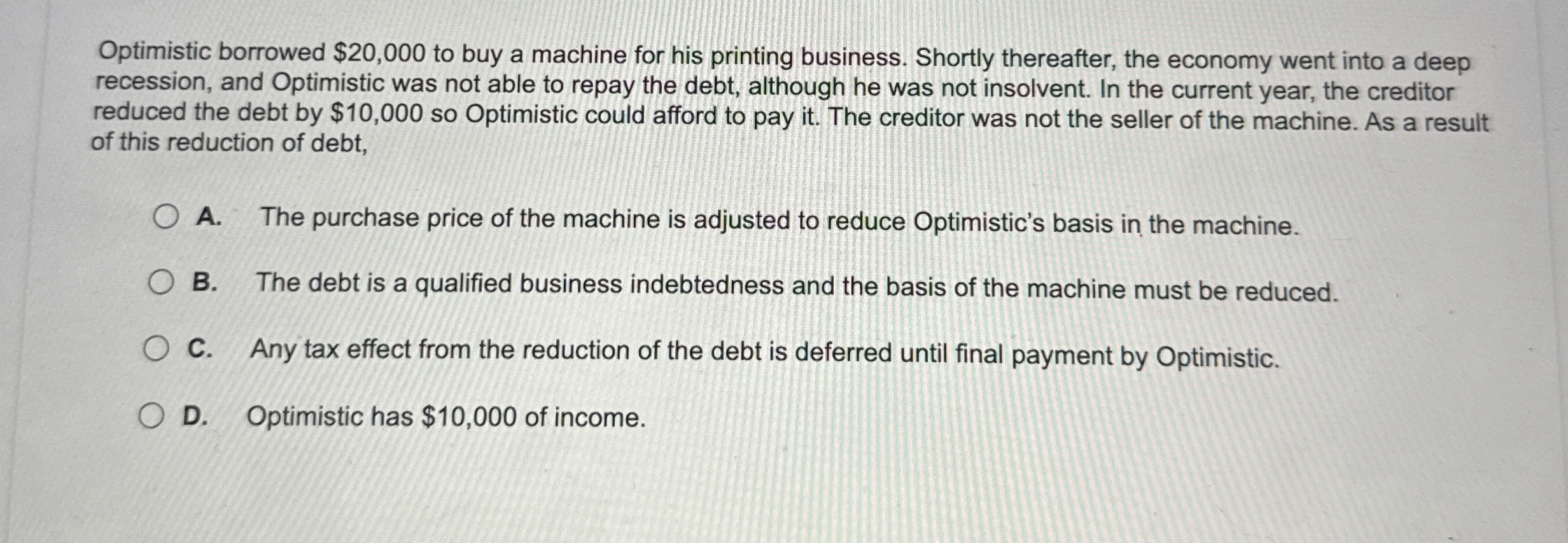  Optimistic borrowed $20,000 to buy a machine for his printing business.