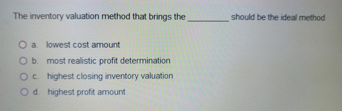  The inventory valuation method that brings the should be the ideal
