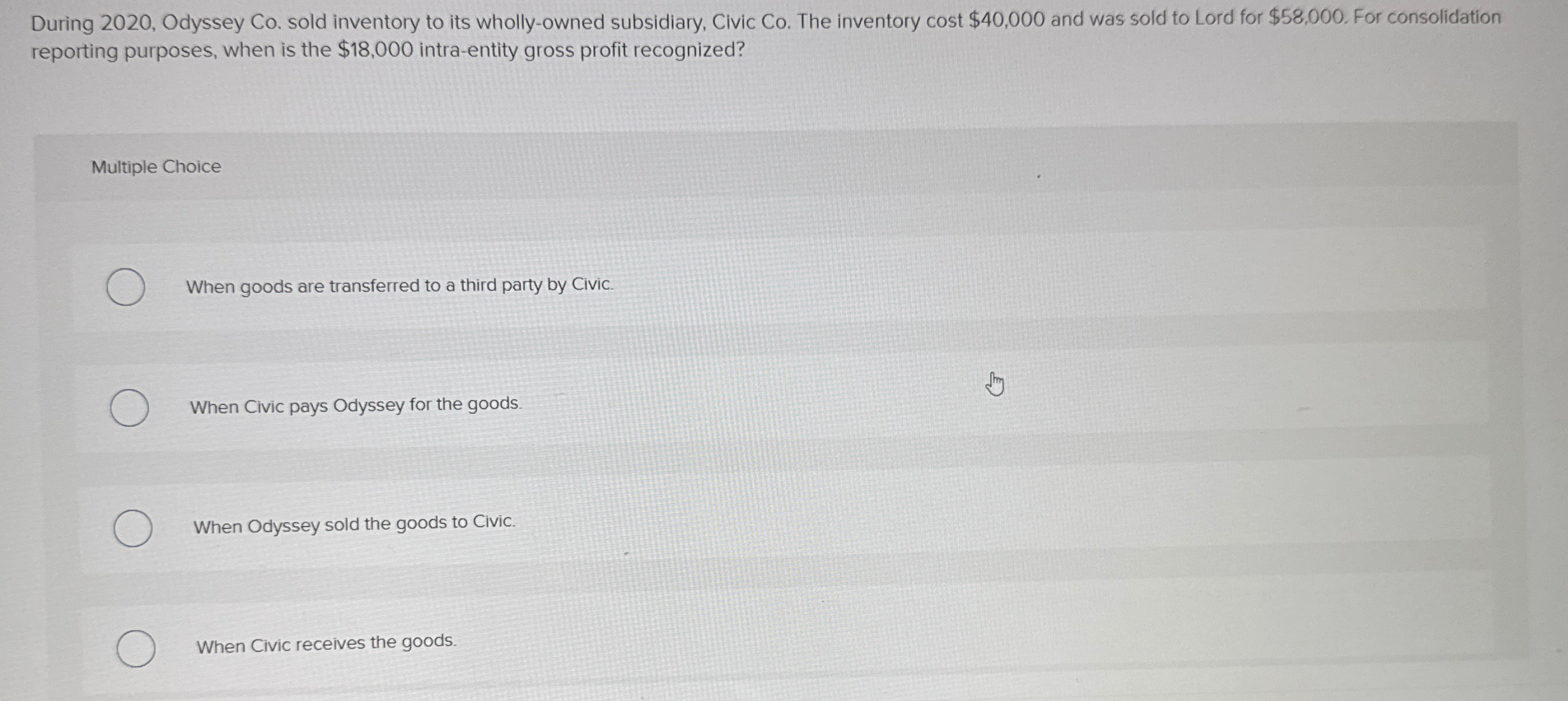  During 2020, Odyssey Co. sold inventory to its wholly-owned subsidiary, Civic