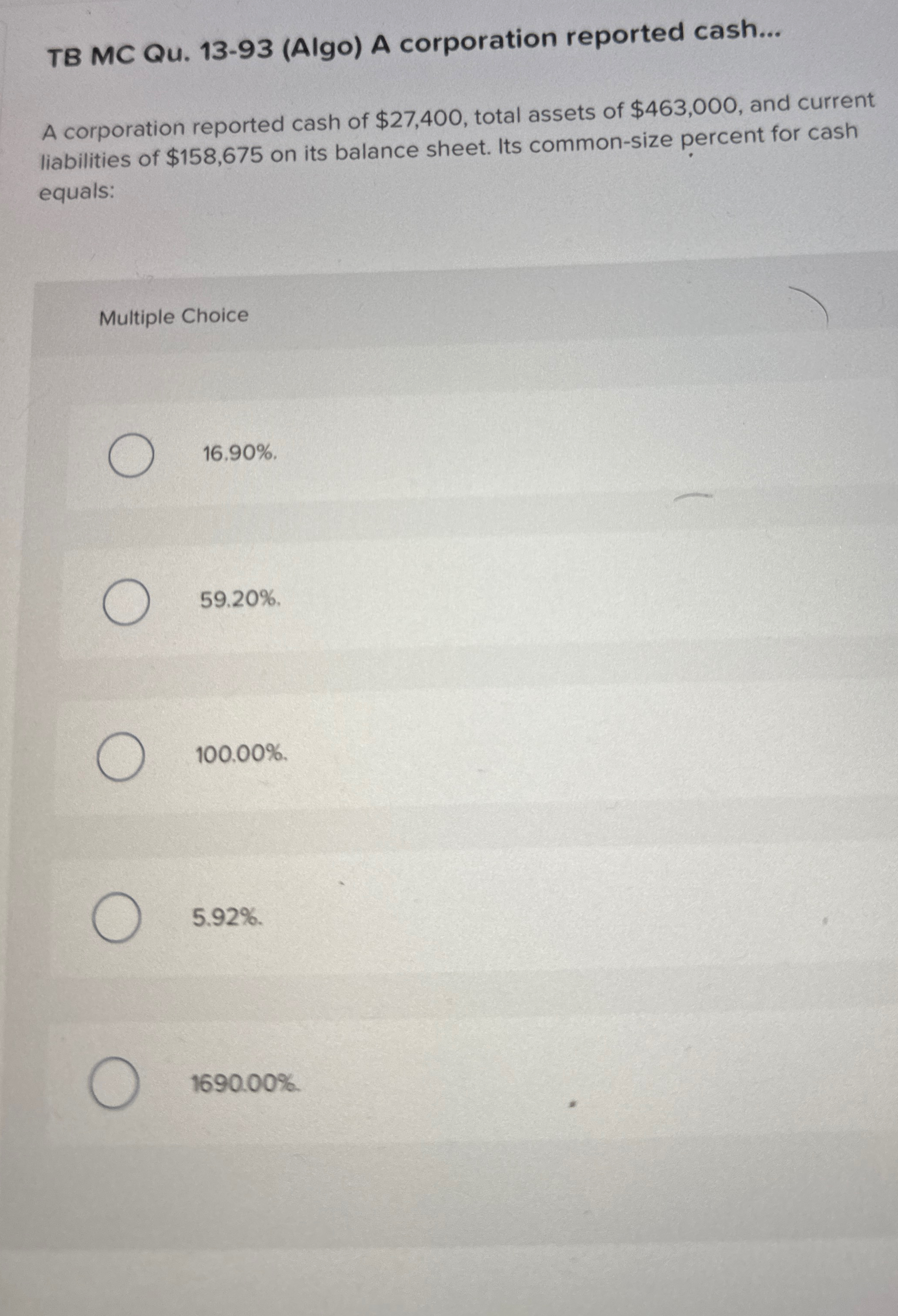  TB MC Qu.13-93(Algo) A corporation reported cash... A corporation reported cash