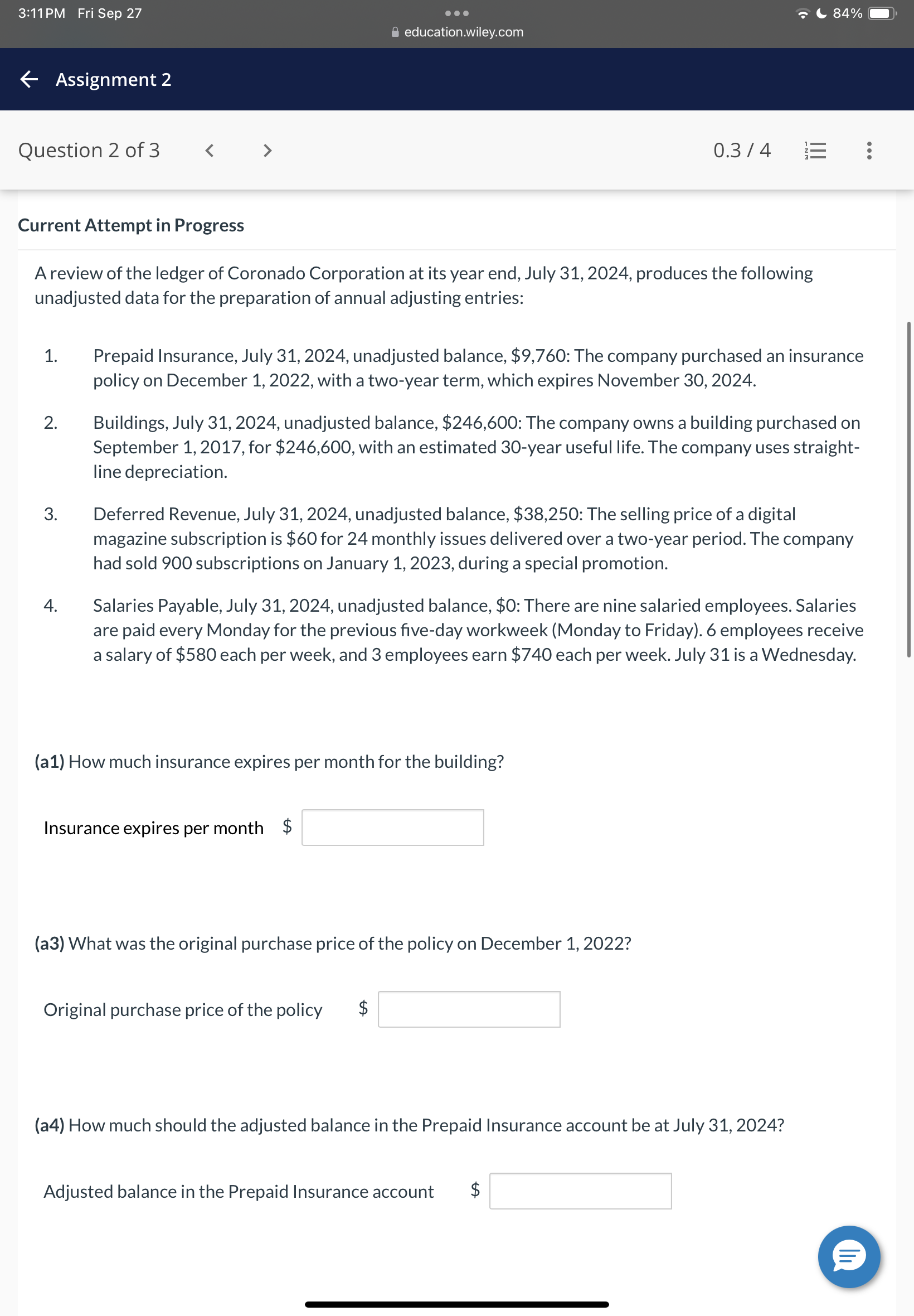  Current Attempt in Progress (a4) How much should the adjusted balance