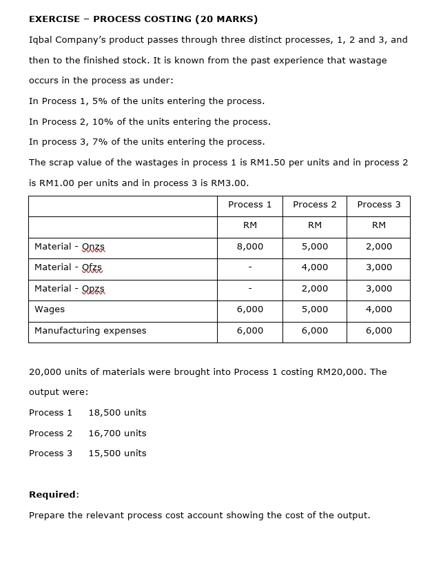  EXERCISE - PROCESS COSTING (20 MARKS) Iqbal Company's product passes through