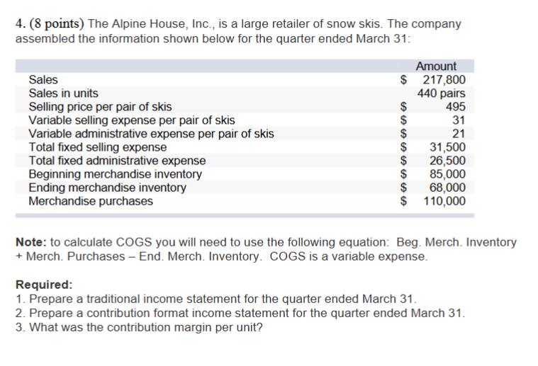  (8 points) The Alpine House, Inc., is a large retailer of