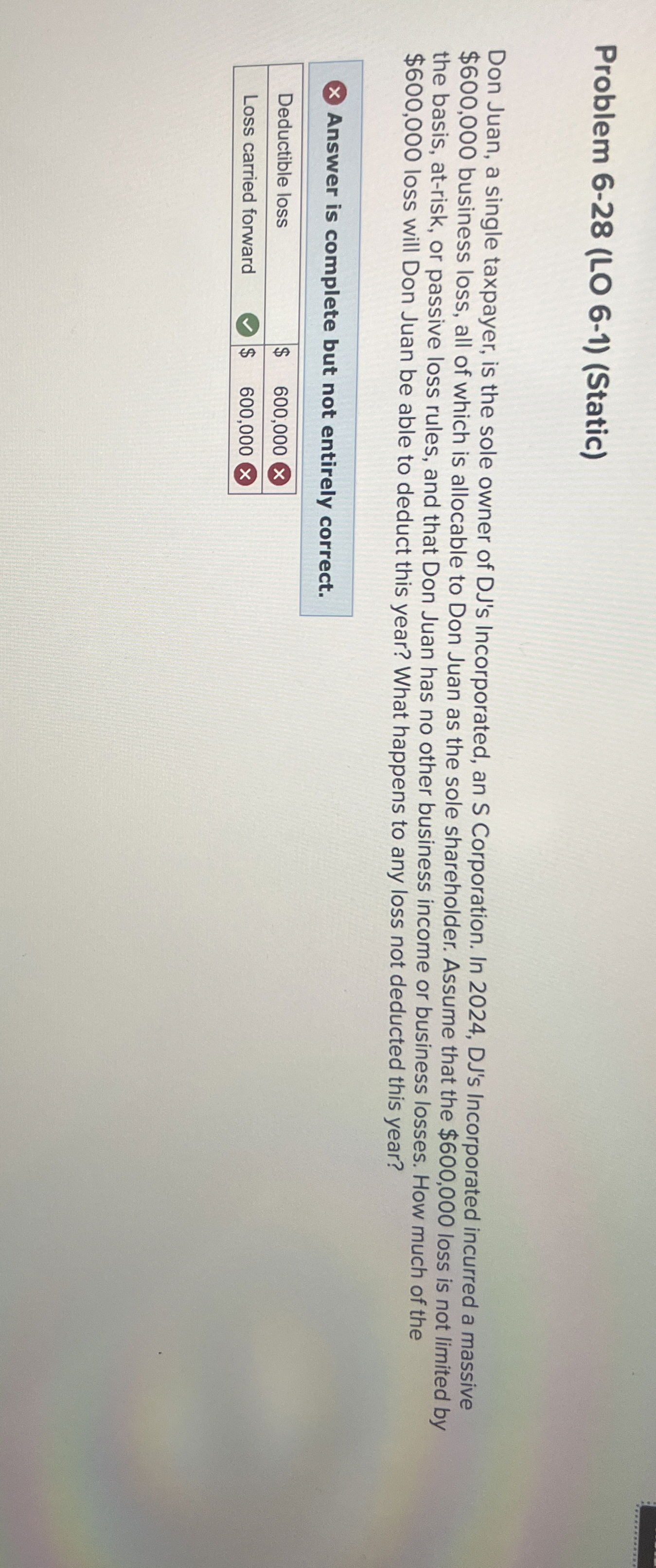  Problem 6-28(LO 6-1)(Static) Don Juan, a single taxpayer, is the sole