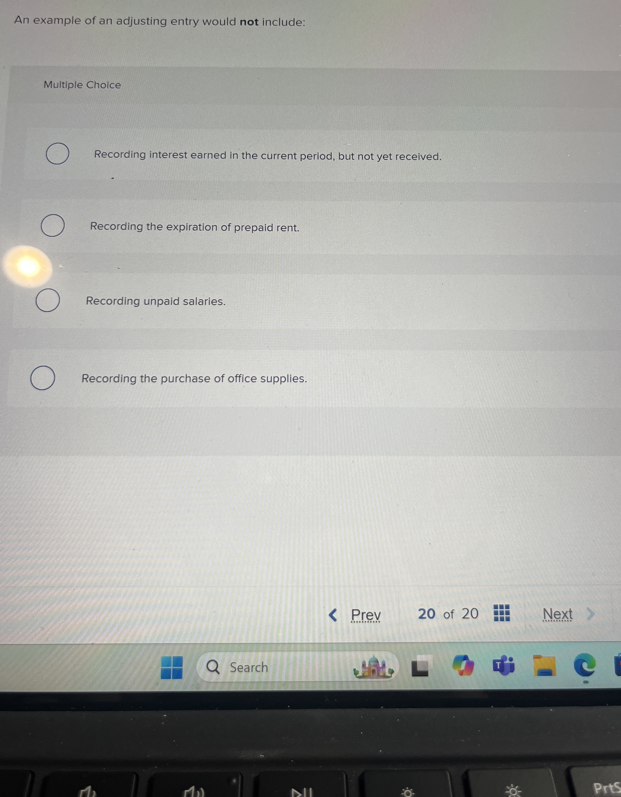  An example of an adjusting entry would not include: Multiple Choice