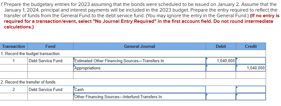  f. Prepare the budgetary entries for 2023 assuming that the bonds