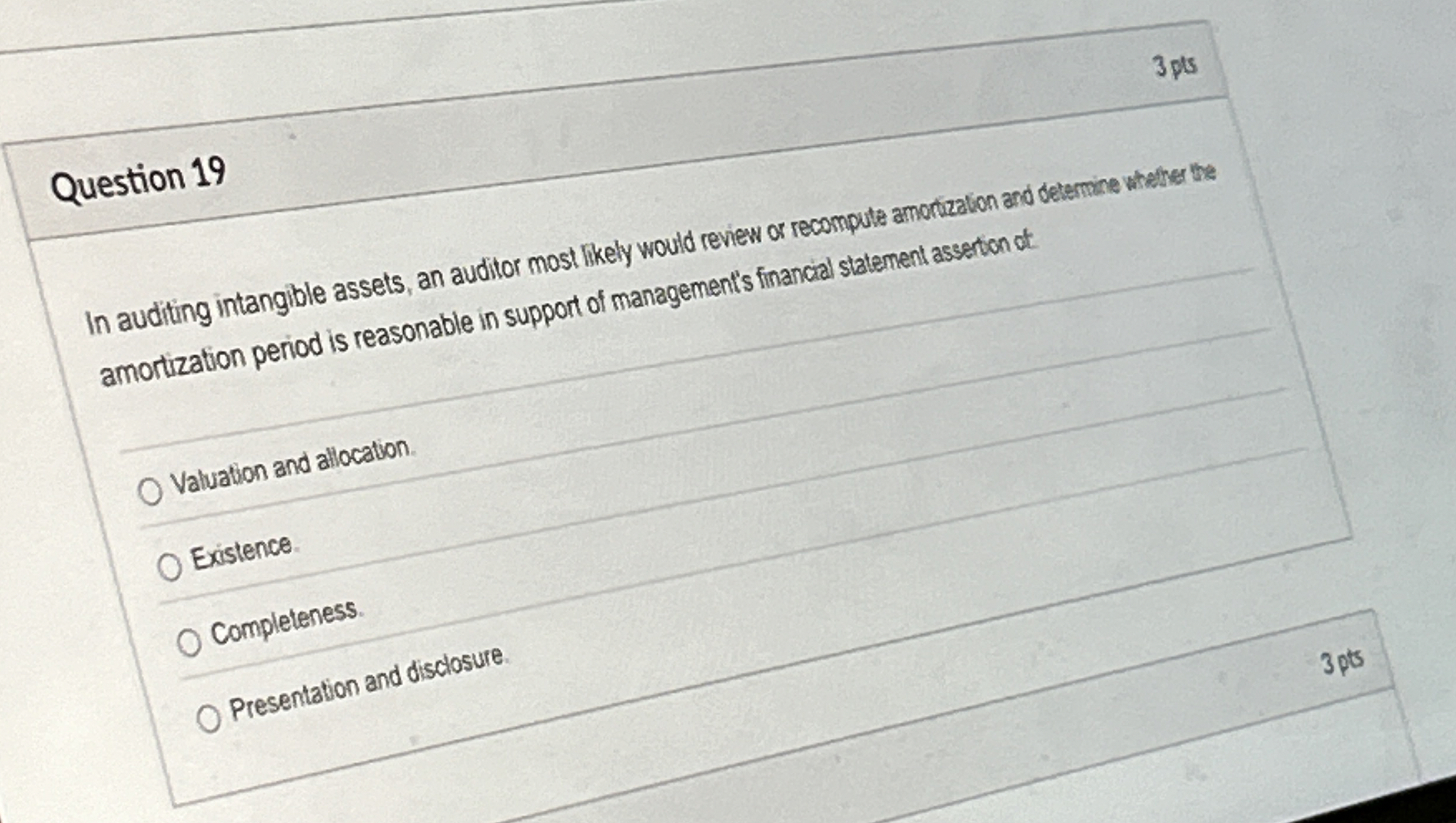  3 pts Question 19 In auditing intangible assets, an auditor most