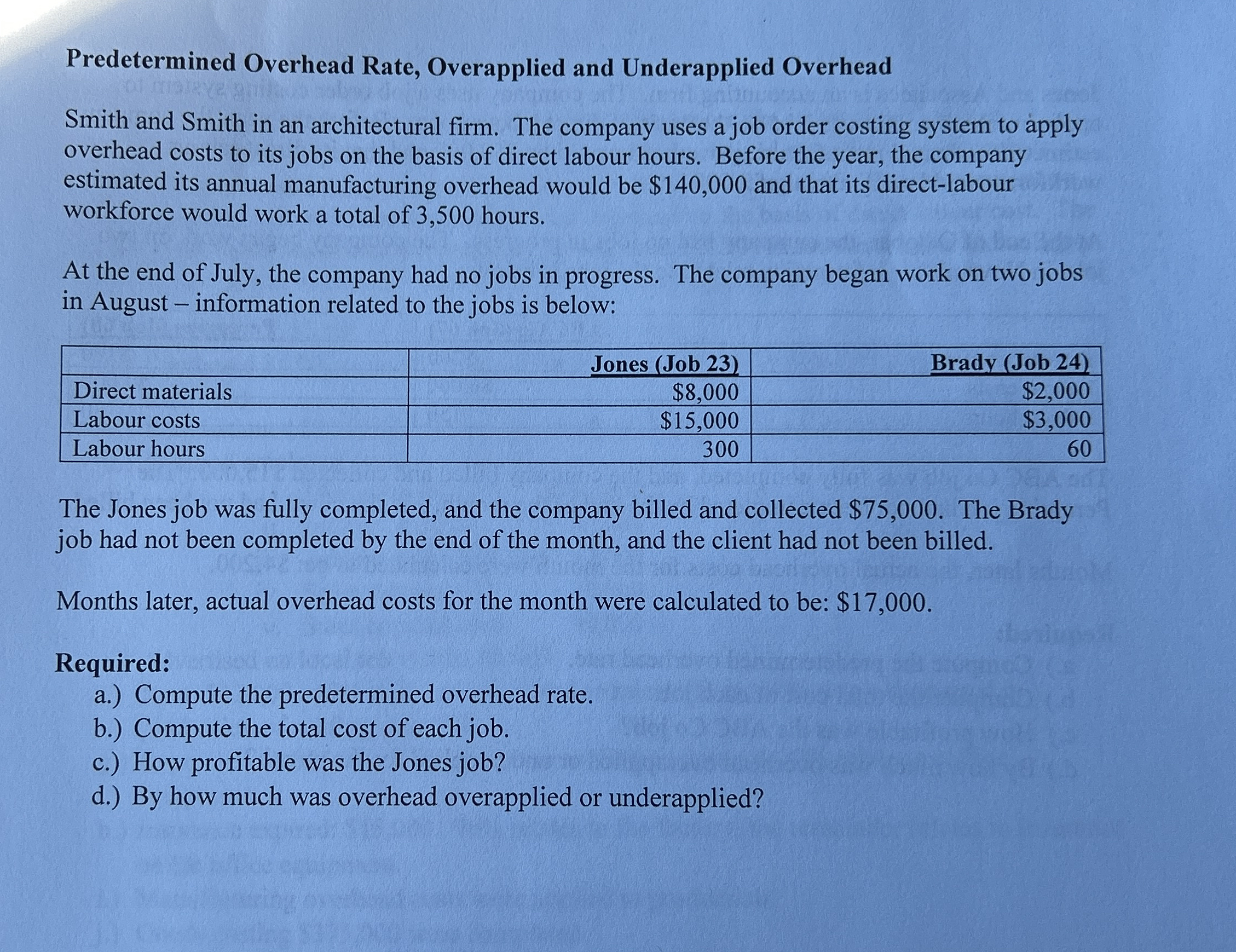  Predetermined Overhead Rate, Overapplied and Underapplied Overhead Smith and Smith in