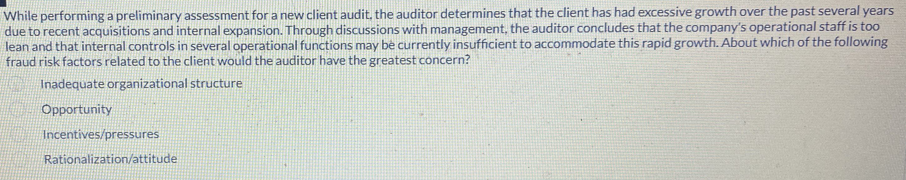  While performing a preliminary assessment for a new client audit, the