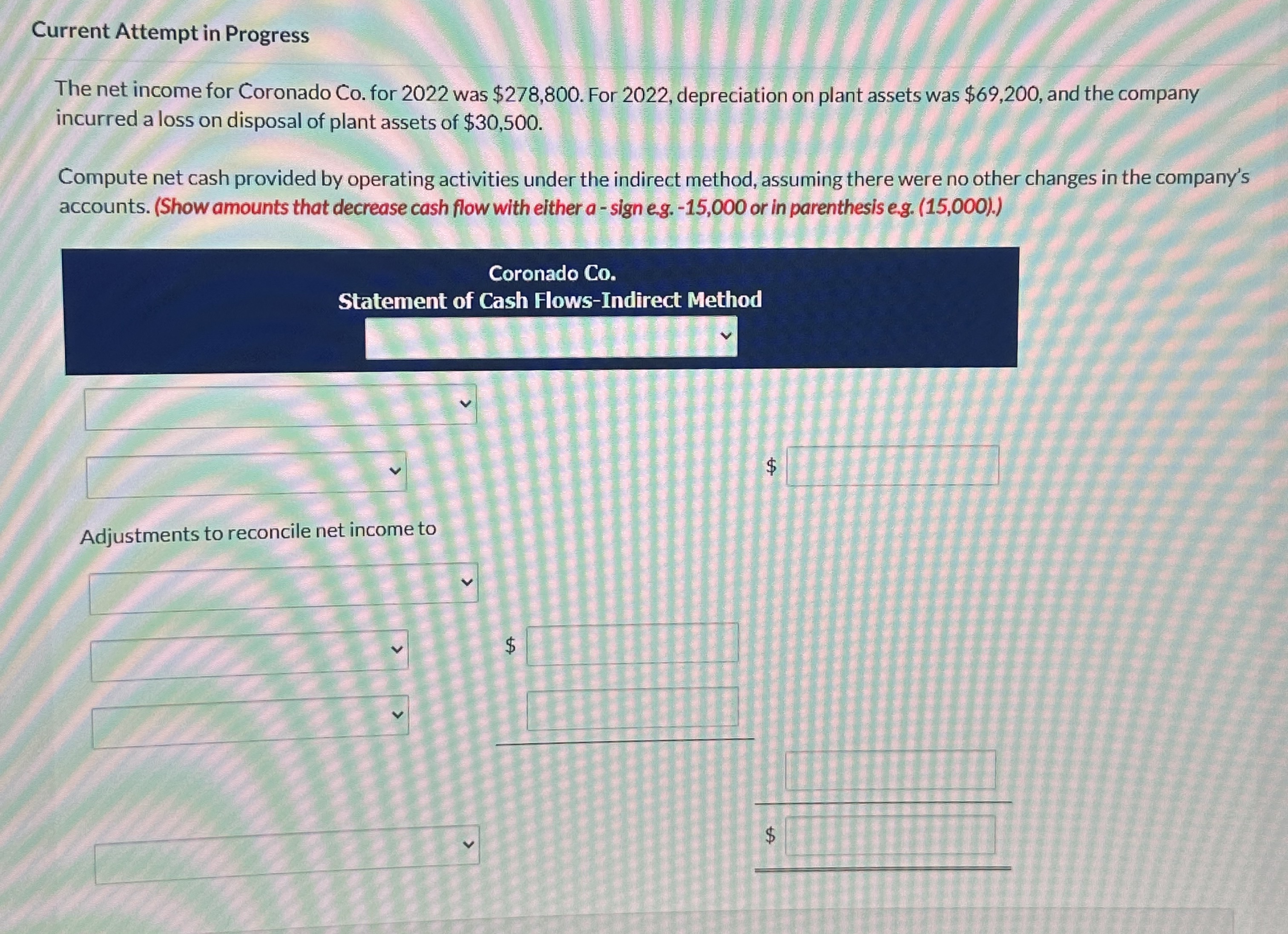  Current Attempt in Progress The net income for Coronado Co. for