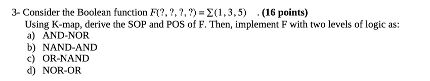  3- Consider the Boolean function F(?, ?, ?, ?) = Z(1,