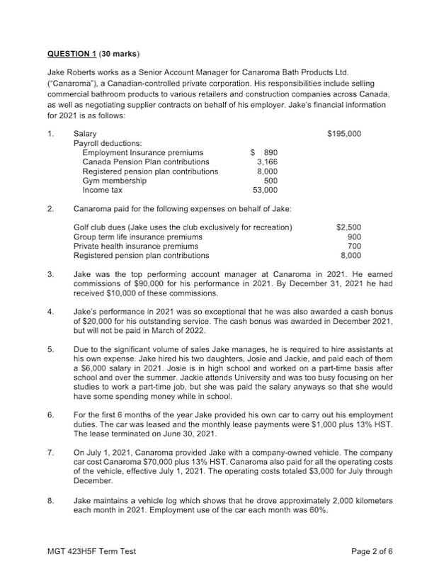  QUESTION 1(30 marks) Jake Roberts works as a Senior Account Manager