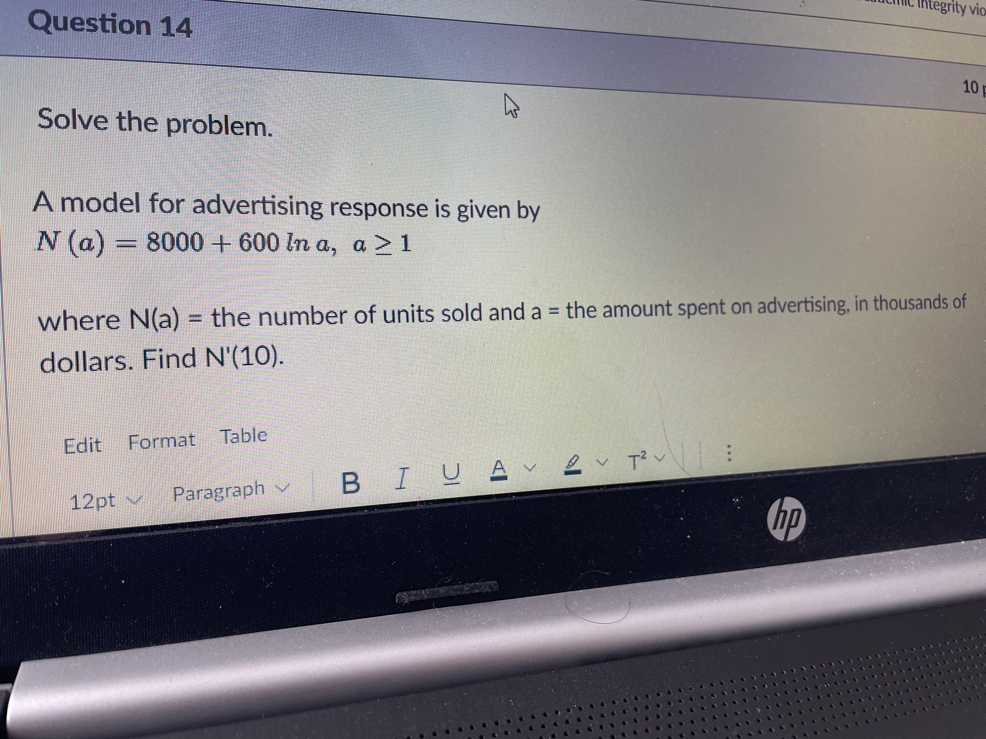  itegrity vic Question 14 10 Solve the problem. A model for