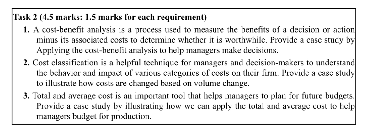  Managrial Accounting Task 2(4.5 marks: 1.5 marks for each requirement) A