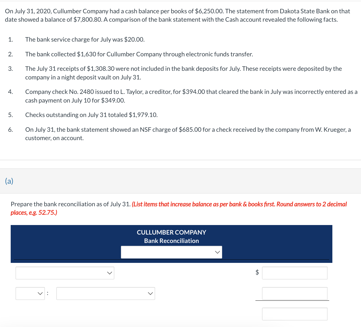  On July 31,2020, Cullumber Company had a cash balance per books